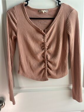 Pink Republic Ruched Button-Front Ribbed Long Sleeve Crop Top - Dusty Pink
